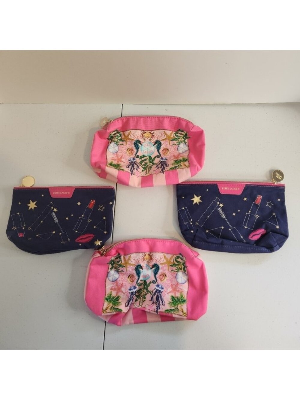 Estee Lauder Makeup Travel Cosmetic Bag Lot of 4 Bags Celestial Beach Pink Stars